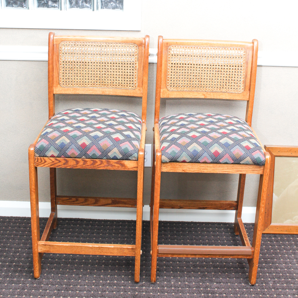 Pair of Cane Back Oak Bar Chairs