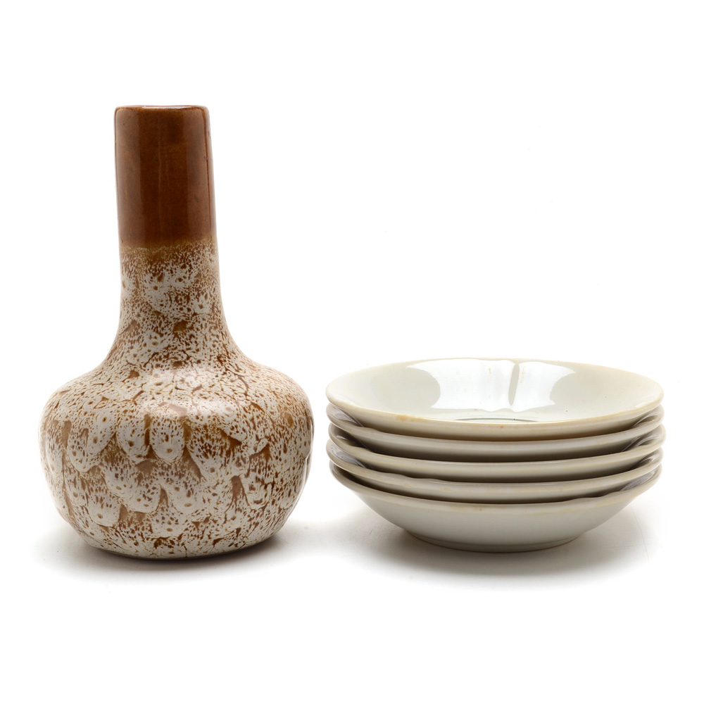 Pigeon Forge Pottery Vase and Five China Saucers