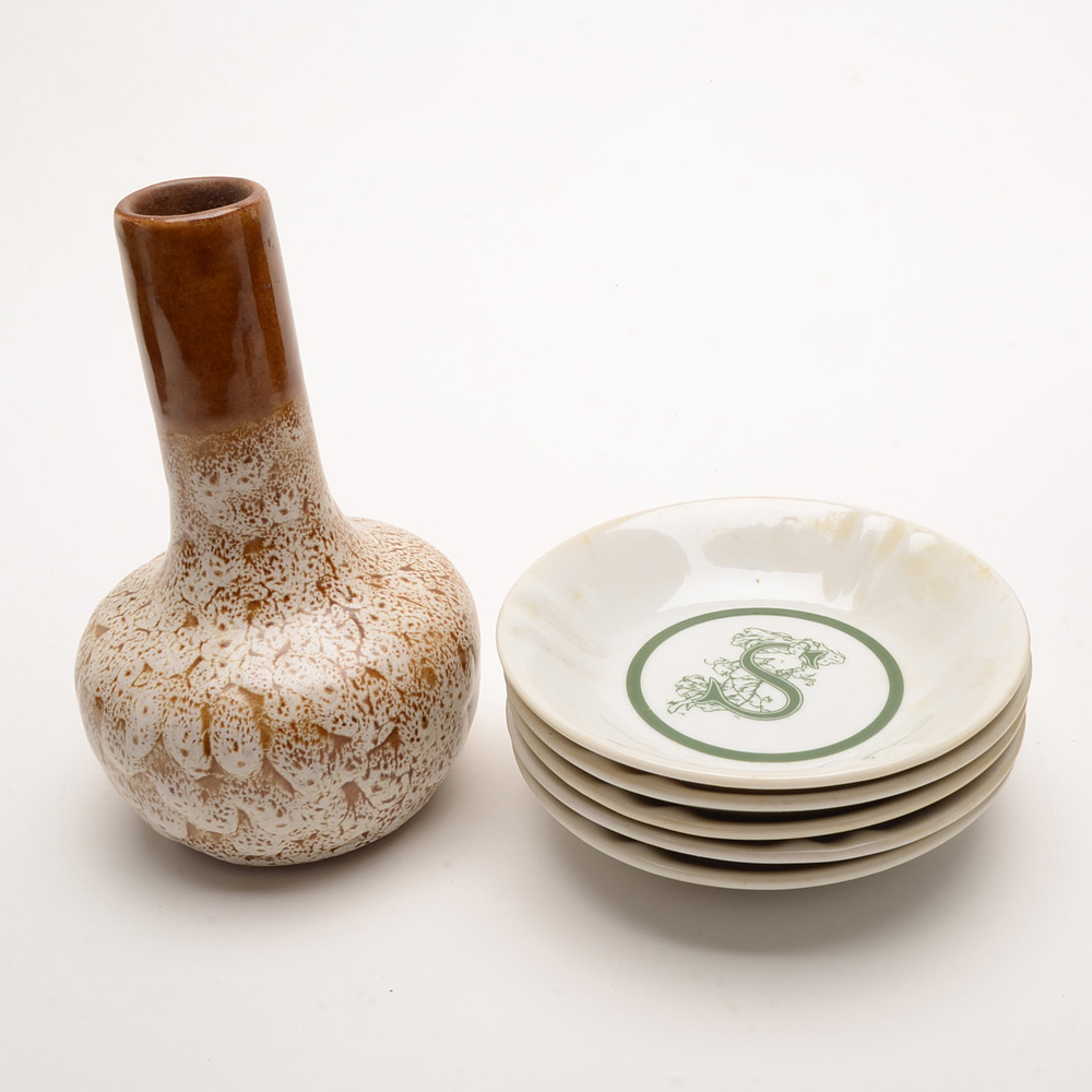 Pigeon Forge Pottery Vase and Five China Saucers