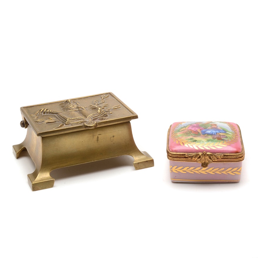 Vintage Cast Brass Owl Motif Stamp Box and Limoges Trinket Box