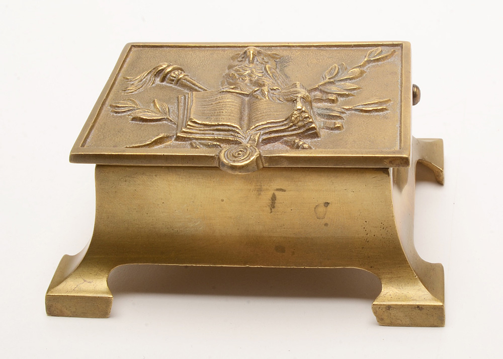 Vintage Cast Brass Owl Motif Stamp Box and Limoges Trinket Box