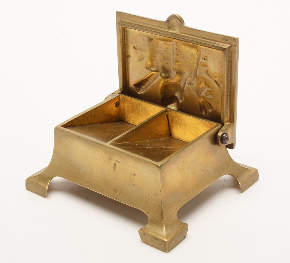 Vintage Cast Brass Owl Motif Stamp Box and Limoges Trinket Box