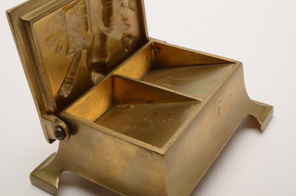 Vintage Cast Brass Owl Motif Stamp Box and Limoges Trinket Box