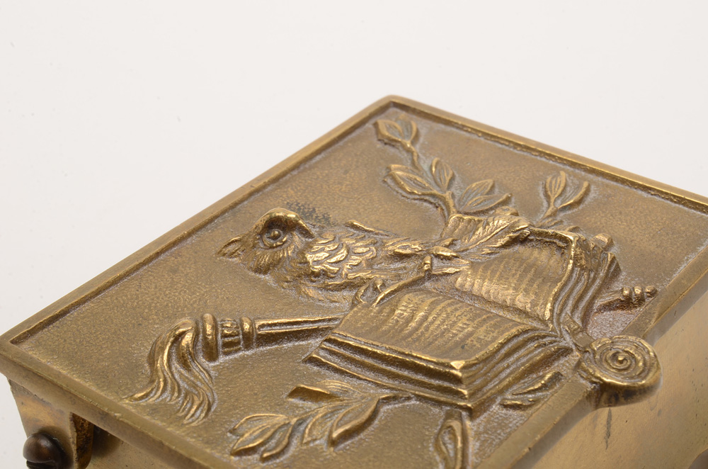 Vintage Cast Brass Owl Motif Stamp Box and Limoges Trinket Box