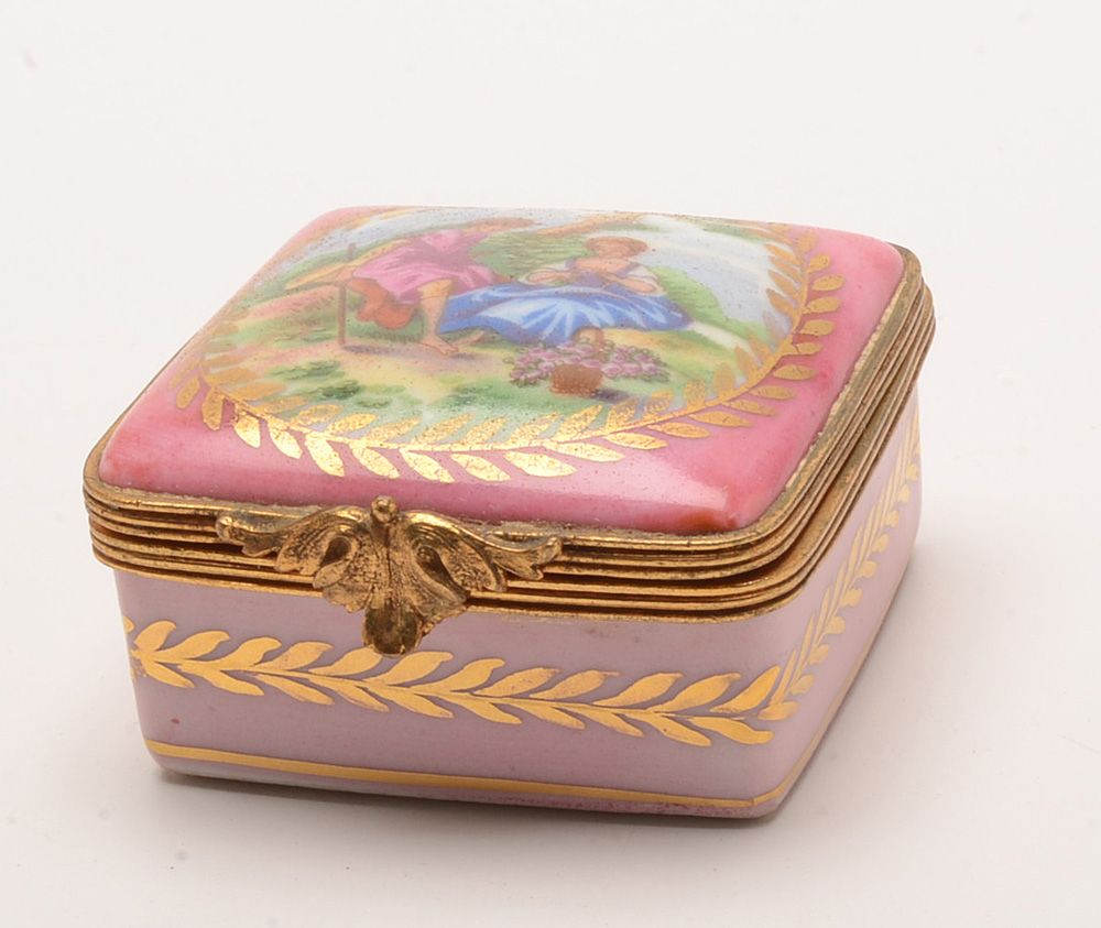 Vintage Cast Brass Owl Motif Stamp Box and Limoges Trinket Box