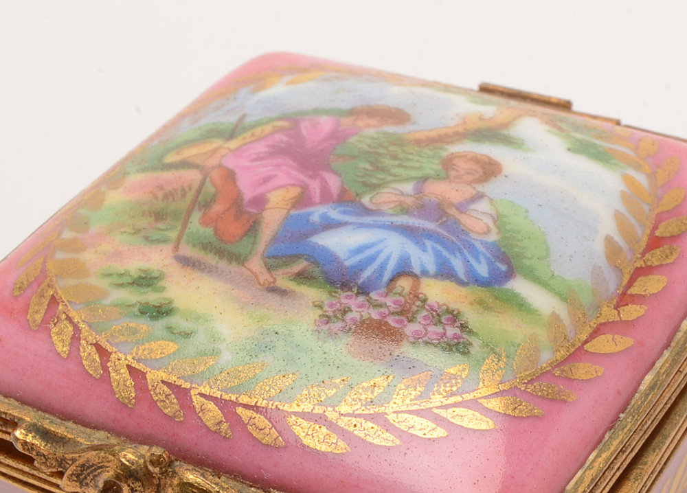 Vintage Cast Brass Owl Motif Stamp Box and Limoges Trinket Box