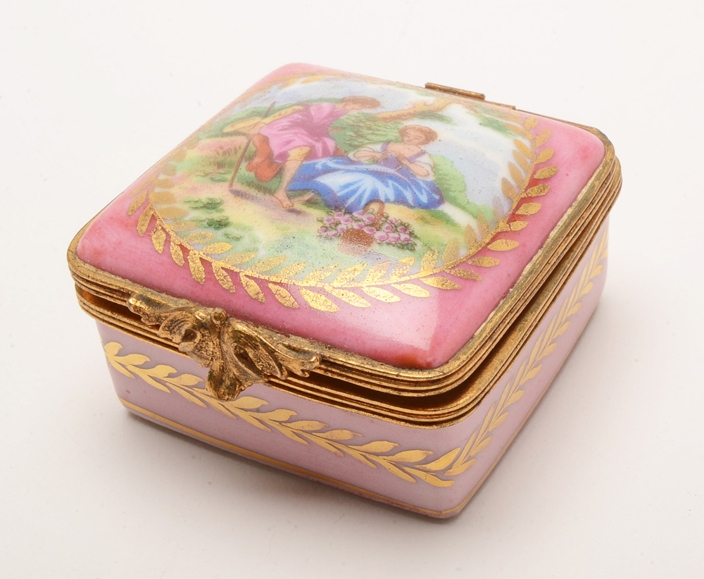 Vintage Cast Brass Owl Motif Stamp Box and Limoges Trinket Box