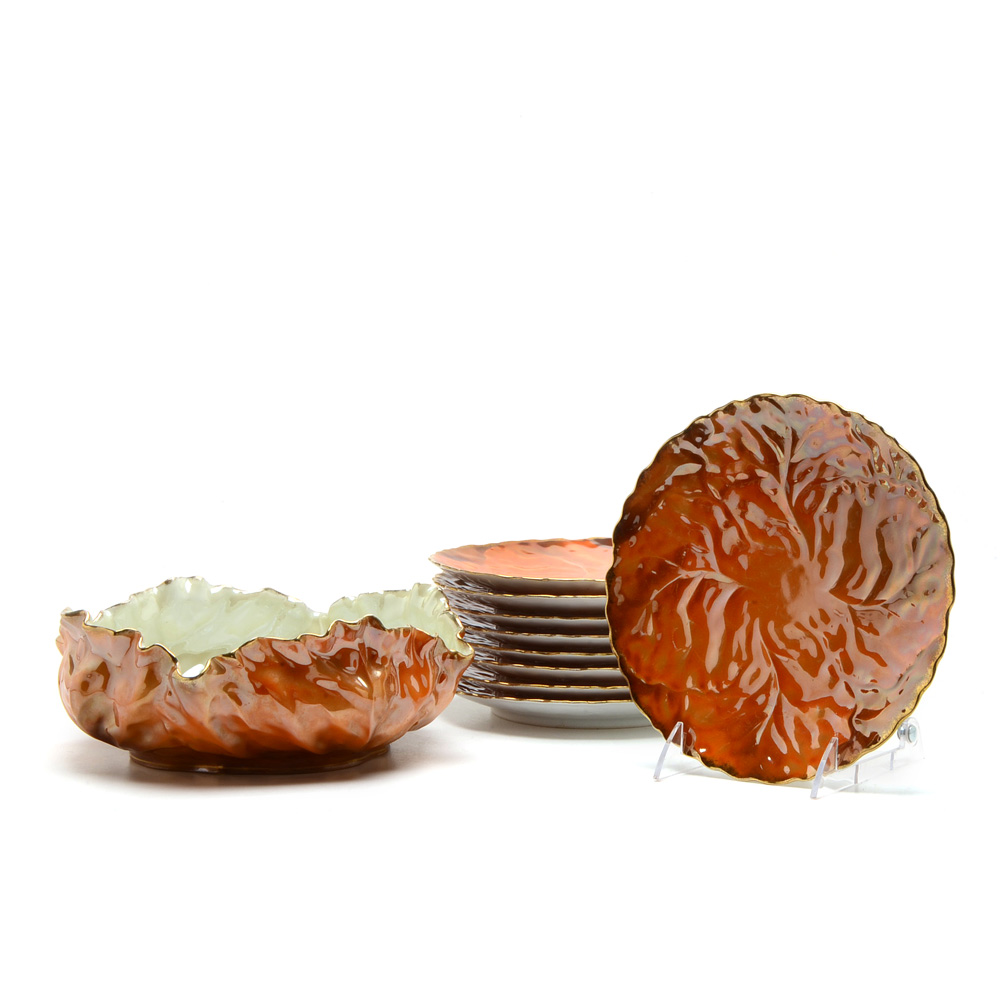 Vintage R.S. Germany Cabbage Leaf Porcelain Bowl and Plates