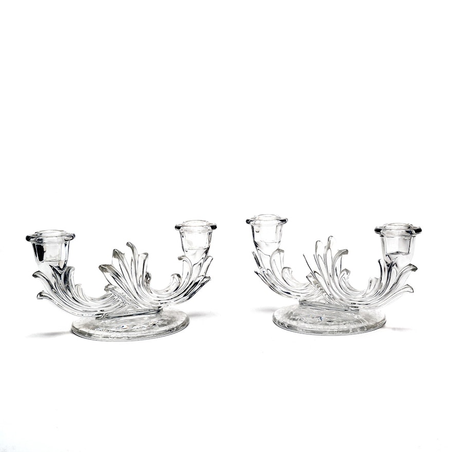 Pair of Etched Depression Glass Candle Holders