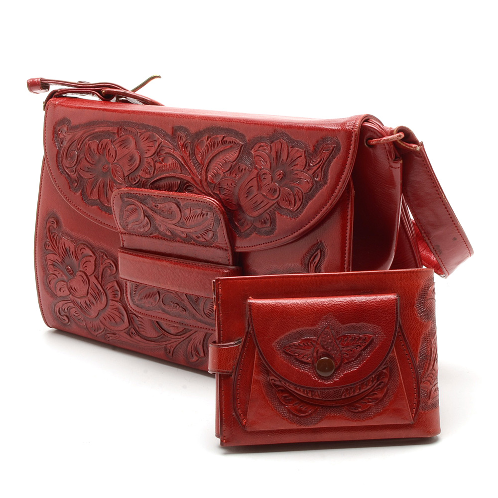 Vintage Hand Tooled Leather Handbag with Wallet and Clutch