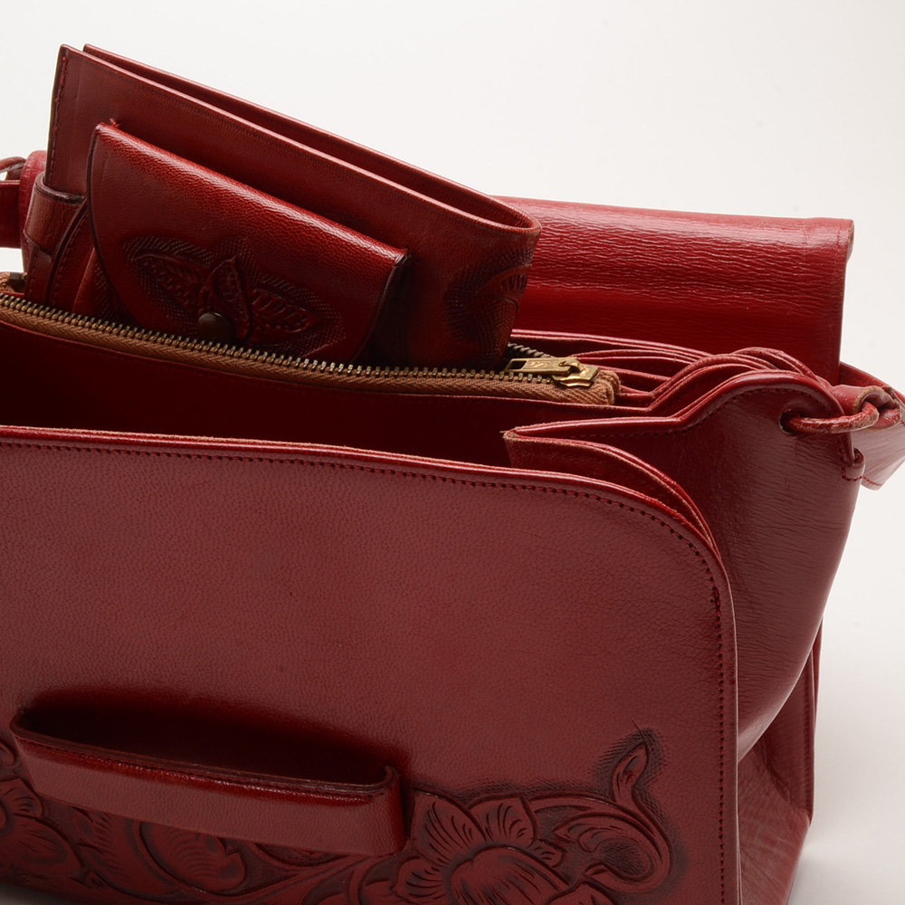 Vintage Hand Tooled Leather Handbag with Wallet and Clutch