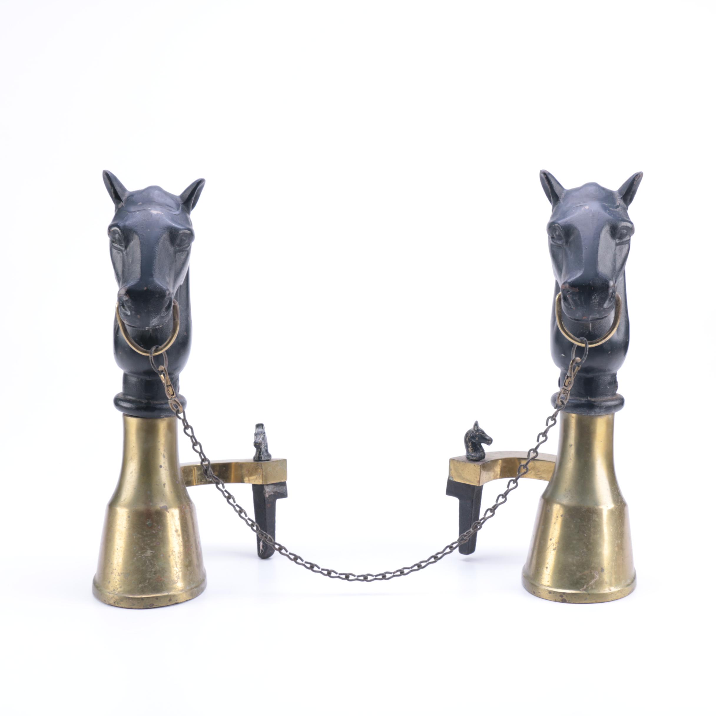 Figural Pair of Vintage Iron and Brass Equestrian Andirons