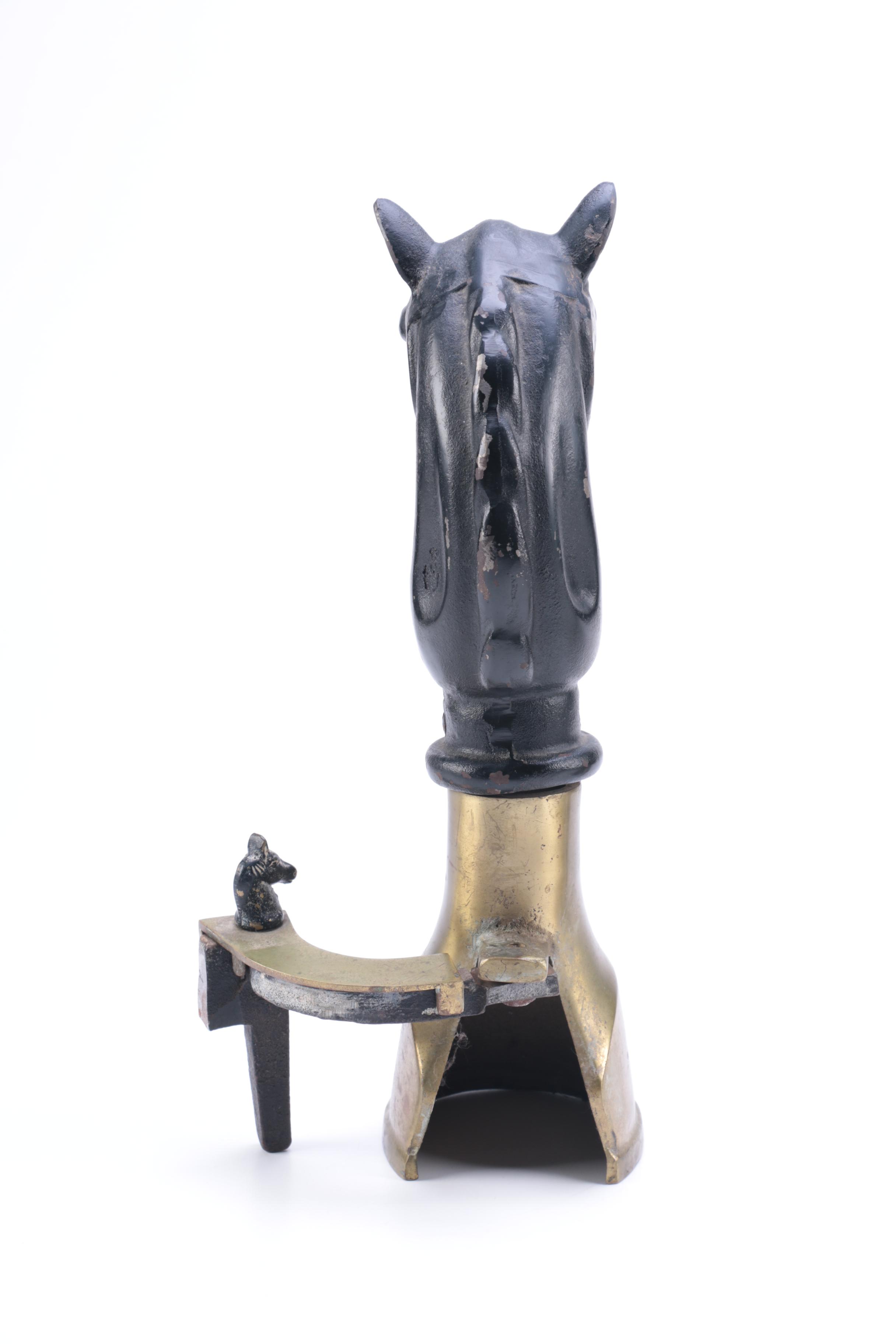 Figural Pair of Vintage Iron and Brass Equestrian Andirons