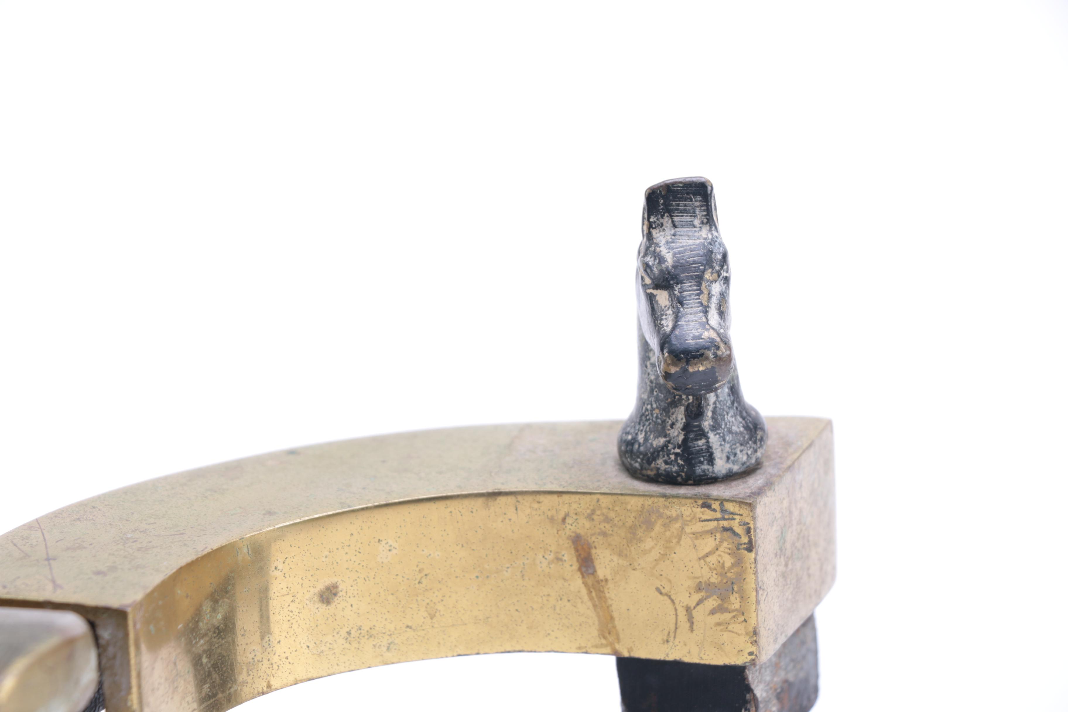 Figural Pair of Vintage Iron and Brass Equestrian Andirons