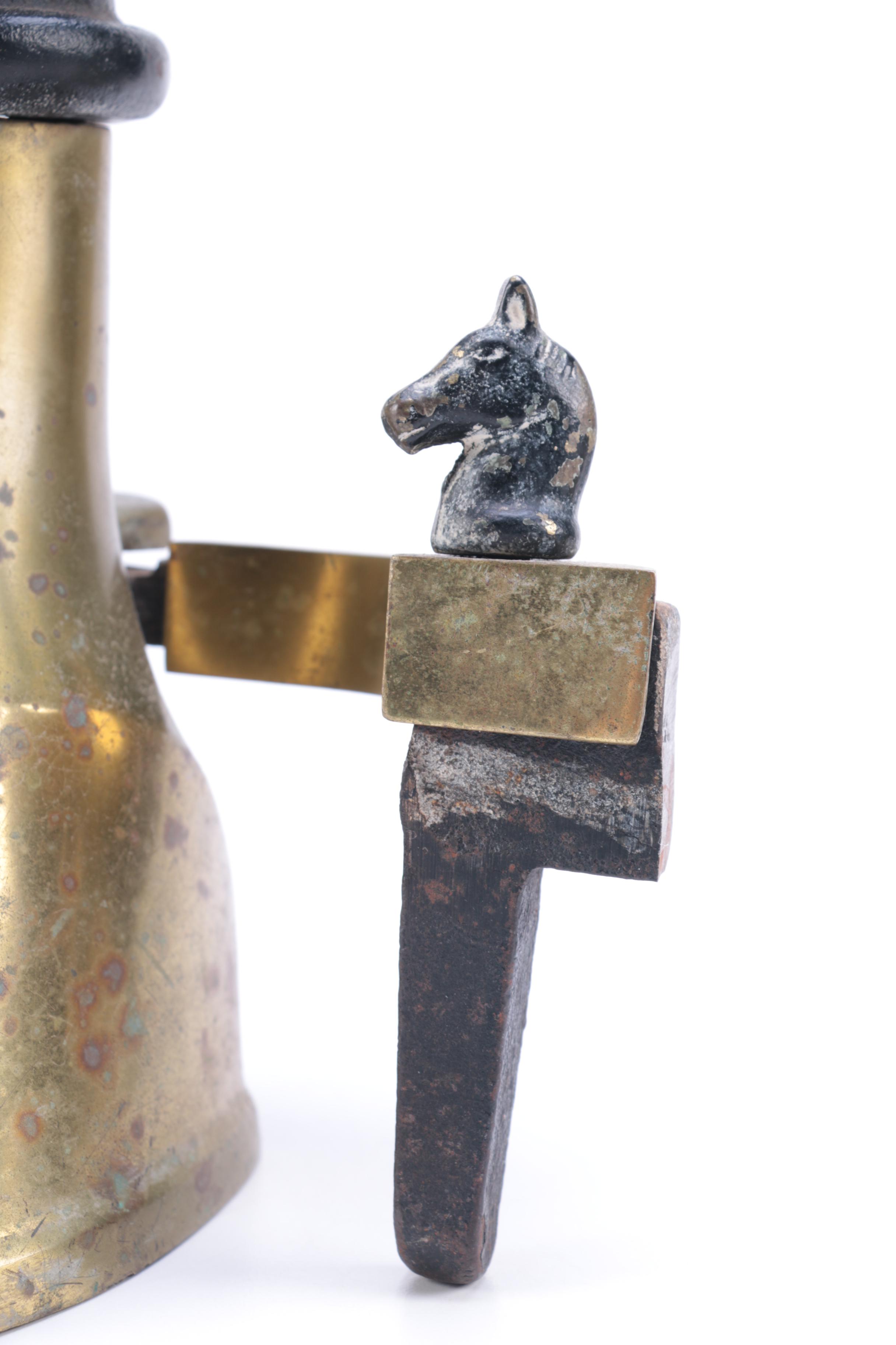 Figural Pair of Vintage Iron and Brass Equestrian Andirons