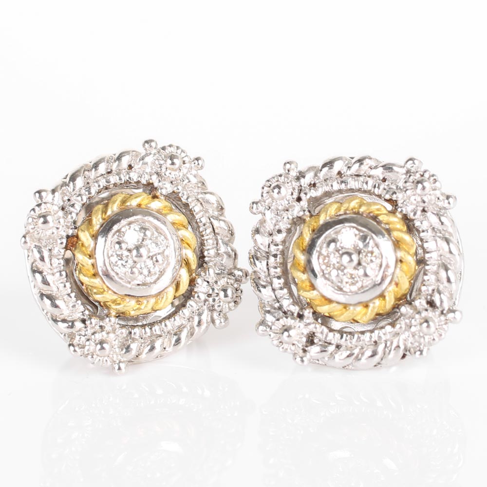 Judith Ripka Sterling Silver and 18K Yellow Gold Diamond Earrings