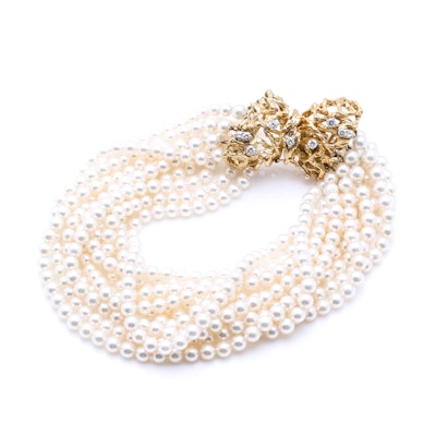 14K Yellow Gold Ten-Strand Cultured Pearl Bracelet with Diamonds 14K Yellow Gold Ten-Strand Cultured Pearl Bracelet with Diamonds