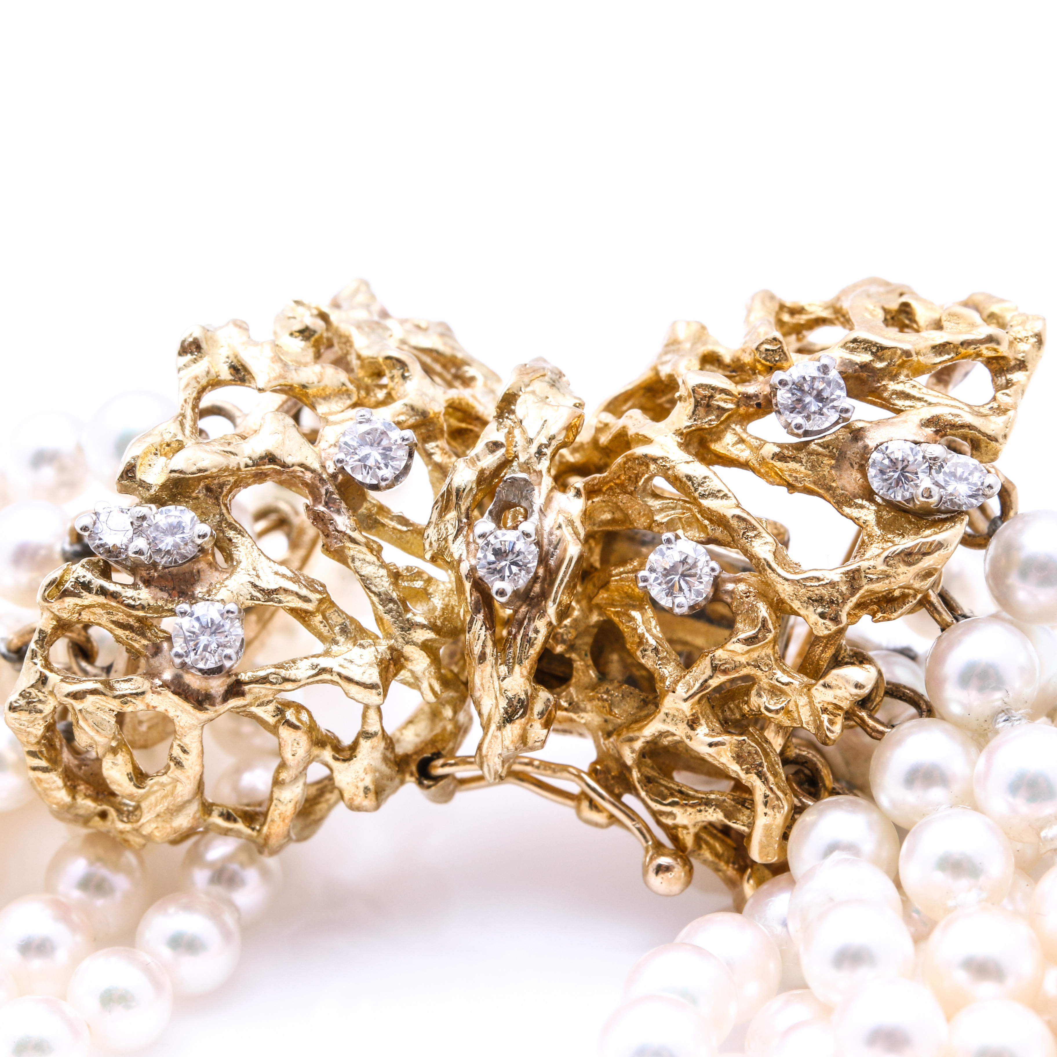 14K Yellow Gold Ten-Strand Cultured Pearl Bracelet with Diamonds