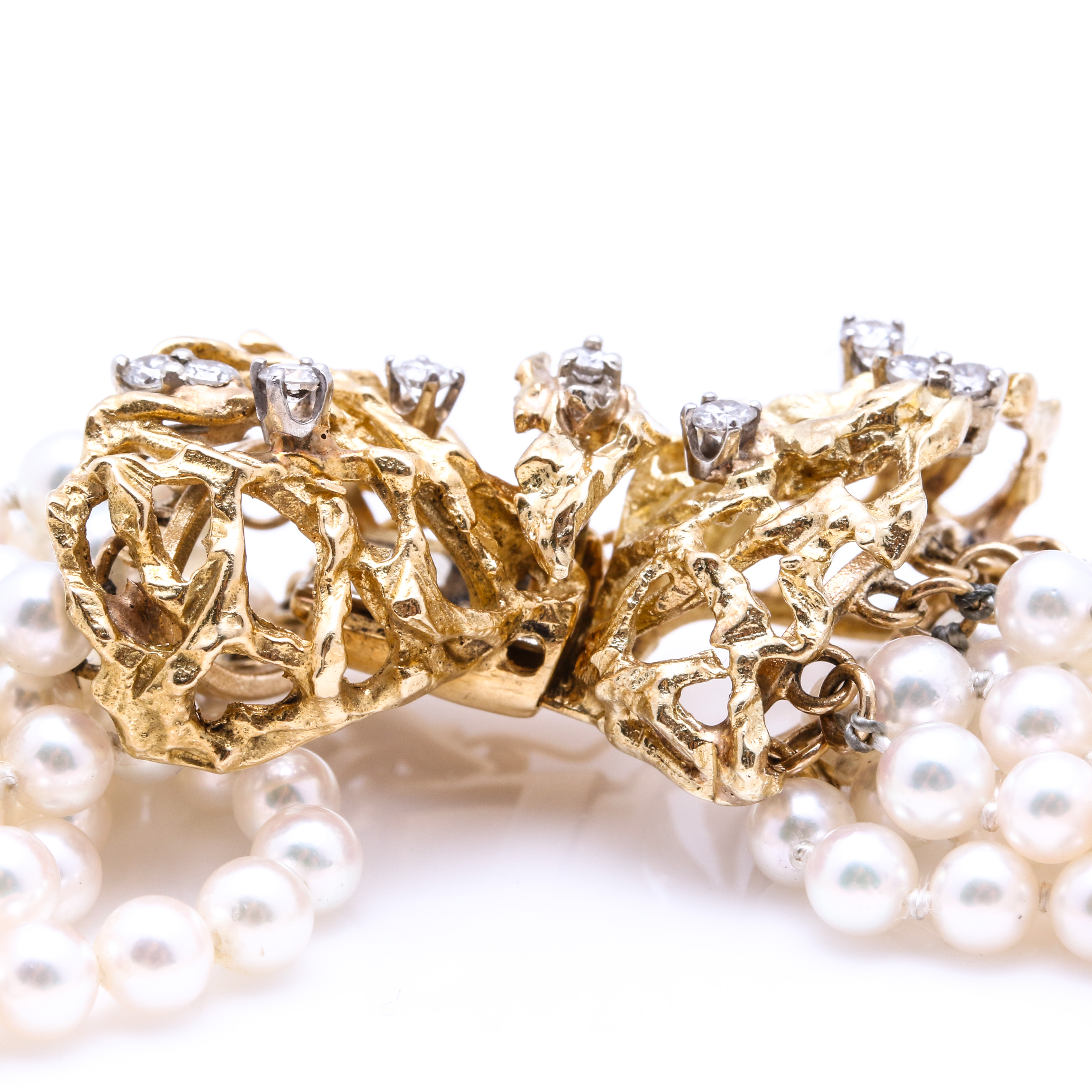 14K Yellow Gold Ten-Strand Cultured Pearl Bracelet with Diamonds