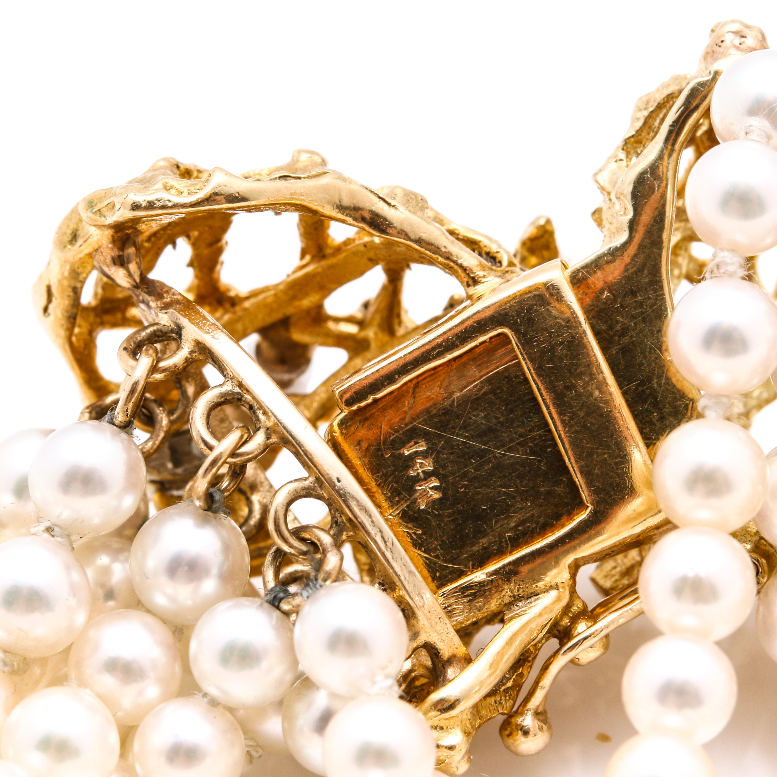 14K Yellow Gold Ten-Strand Cultured Pearl Bracelet with Diamonds