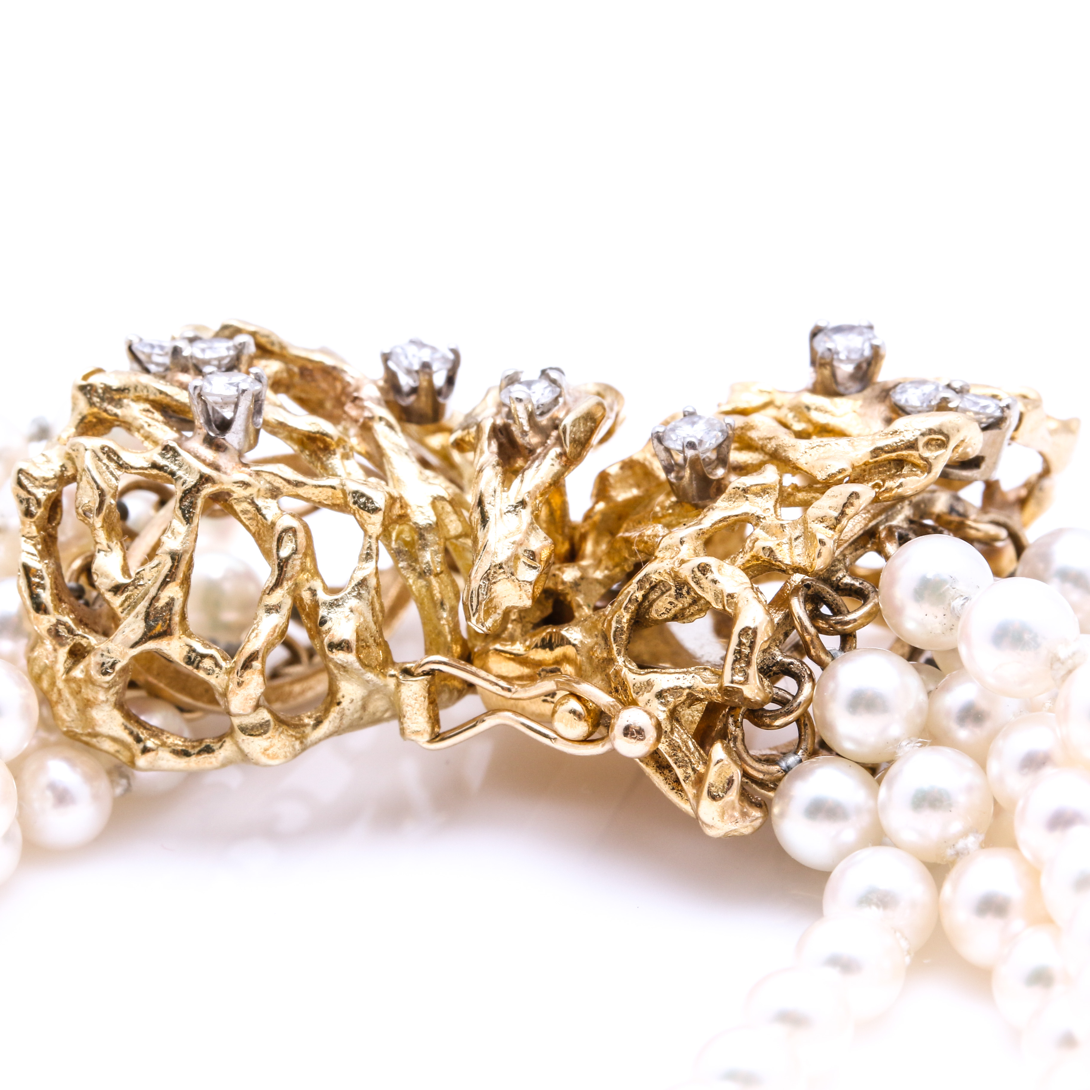 14K Yellow Gold Ten-Strand Cultured Pearl Bracelet with Diamonds