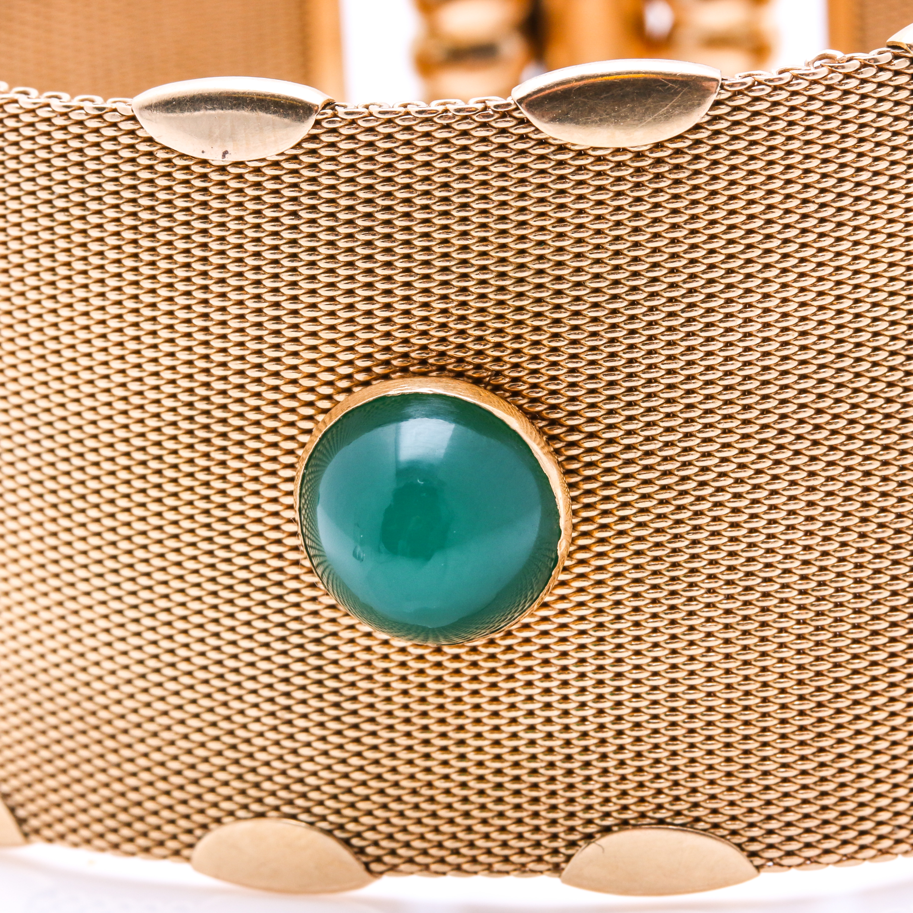 18K Yellow Gold Mesh Bracelet with Dyed Green Chalcedony Stones