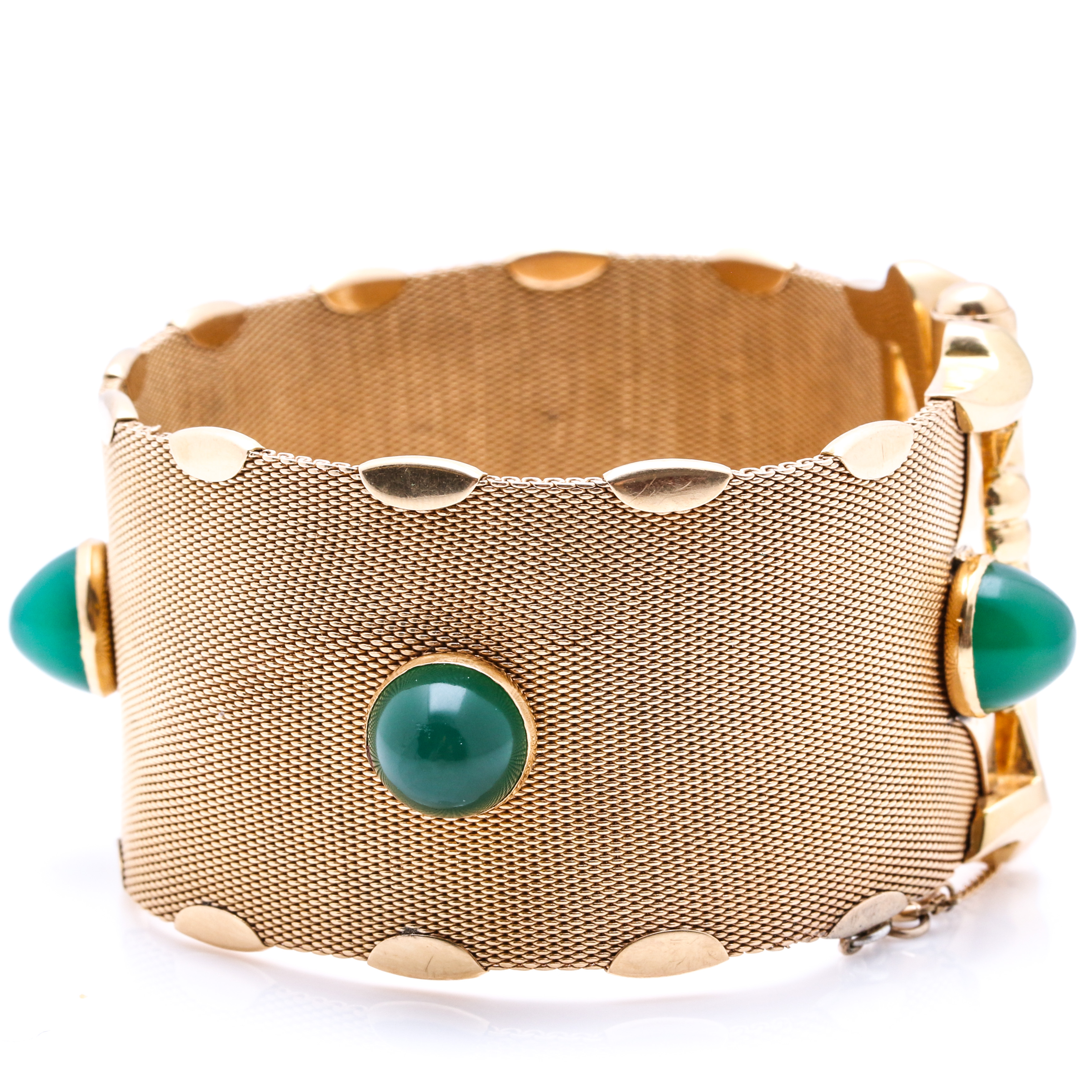 18K Yellow Gold Mesh Bracelet with Dyed Green Chalcedony Stones