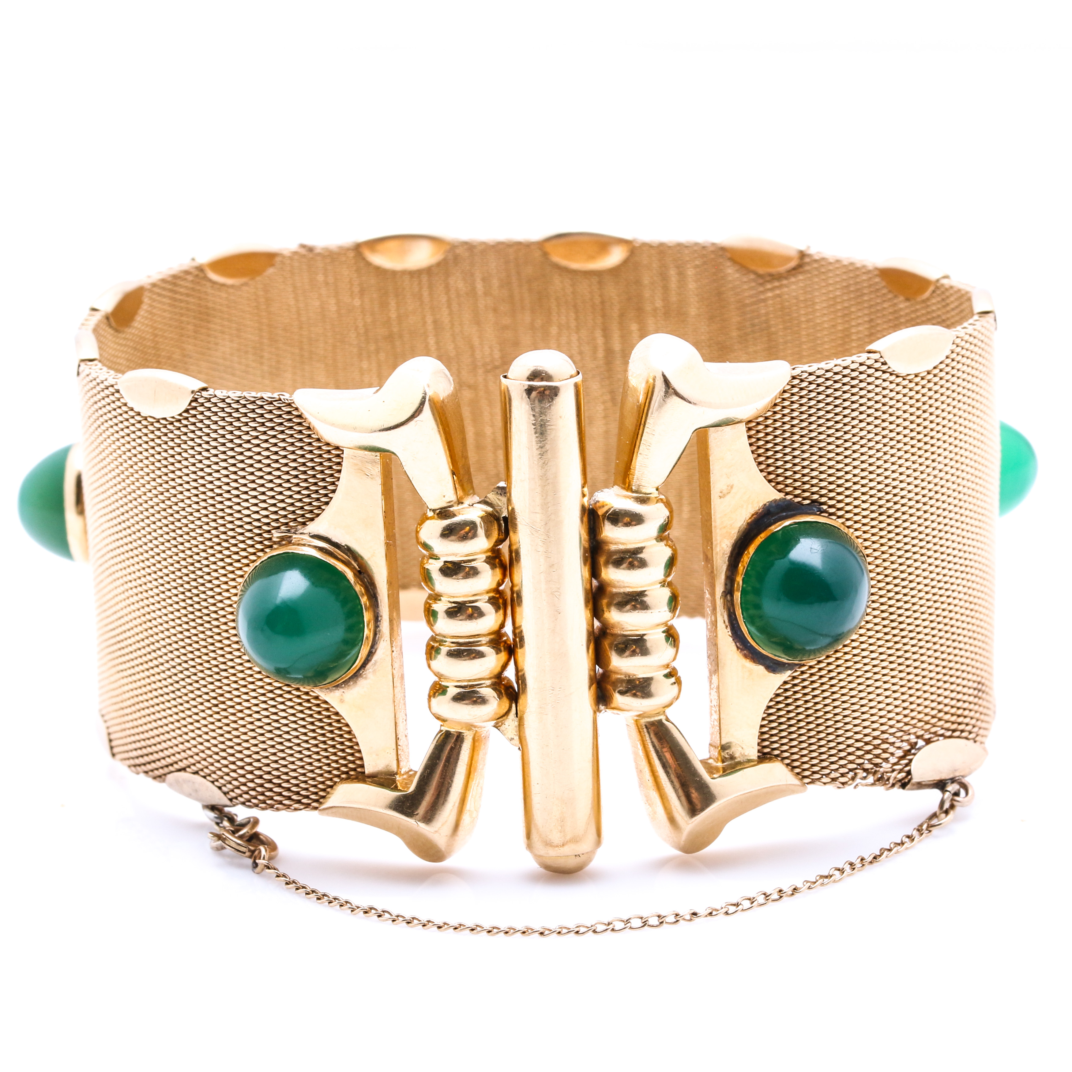 18K Yellow Gold Mesh Bracelet with Dyed Green Chalcedony Stones