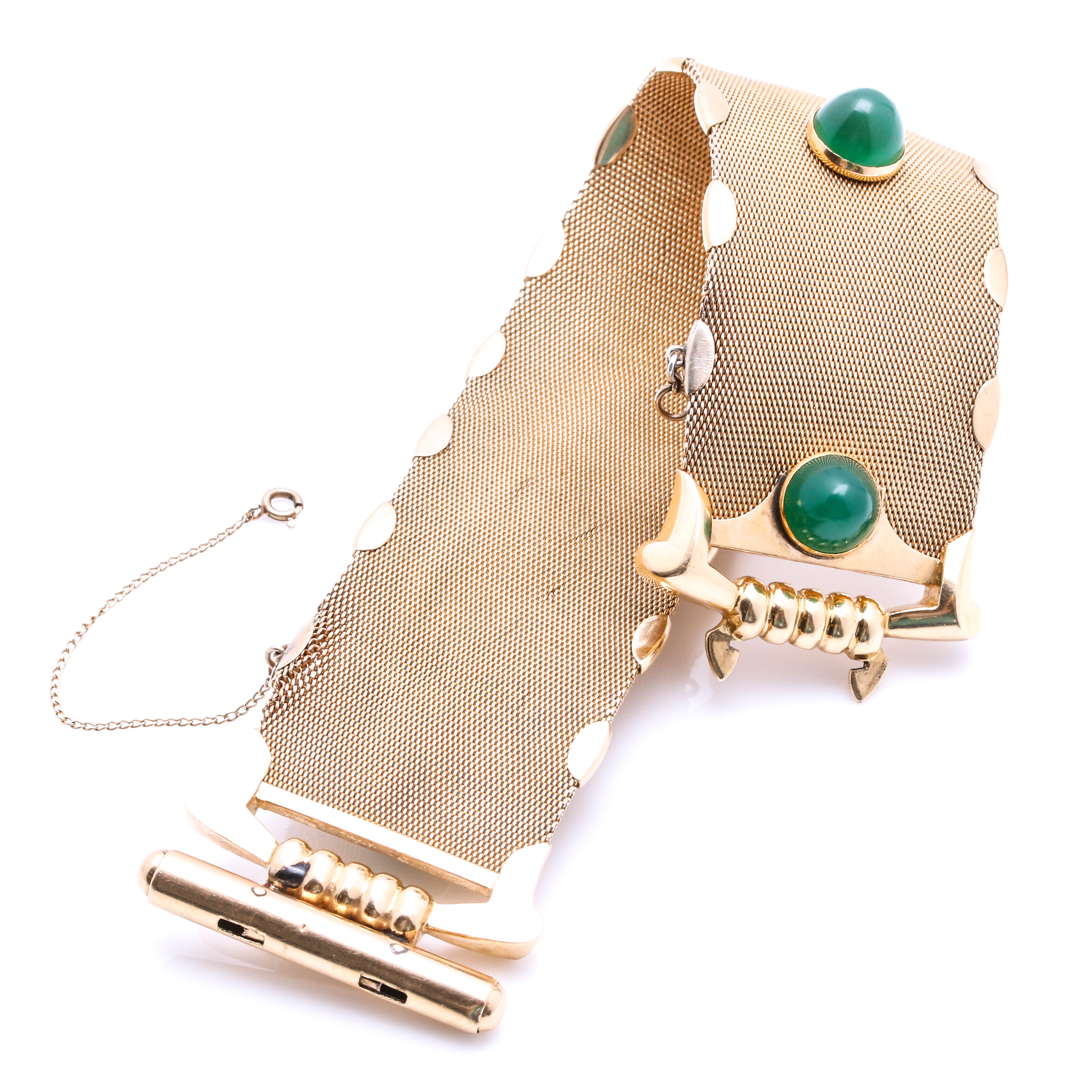 18K Yellow Gold Mesh Bracelet with Dyed Green Chalcedony Stones