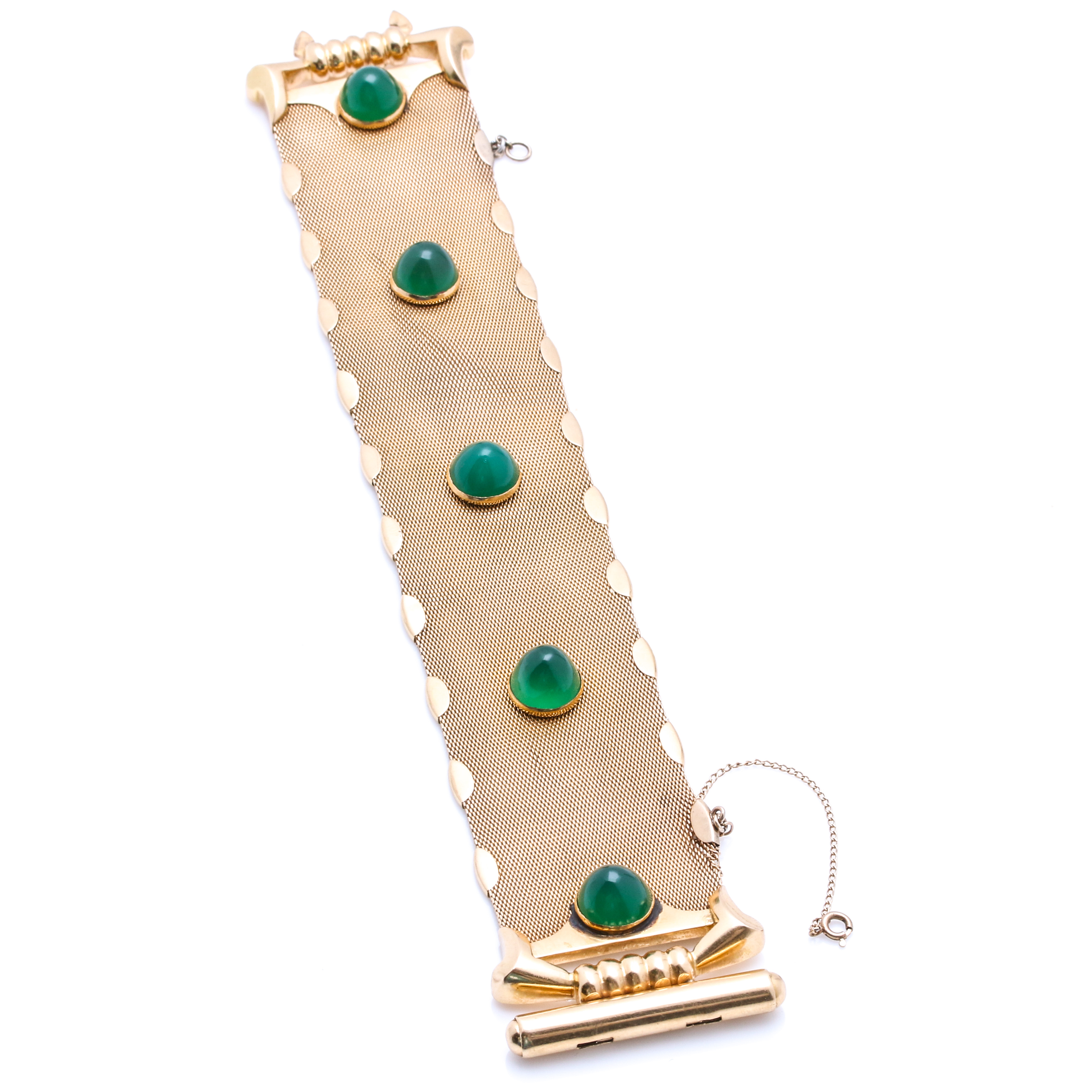 18K Yellow Gold Mesh Bracelet with Dyed Green Chalcedony Stones