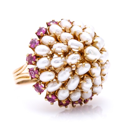 14K Yellow Gold Cultured Pearl and 1.40 CTW Ruby Dome Ring 14K Yellow Gold Cultured Pearl and 1.40 CTW Ruby Dome Ring