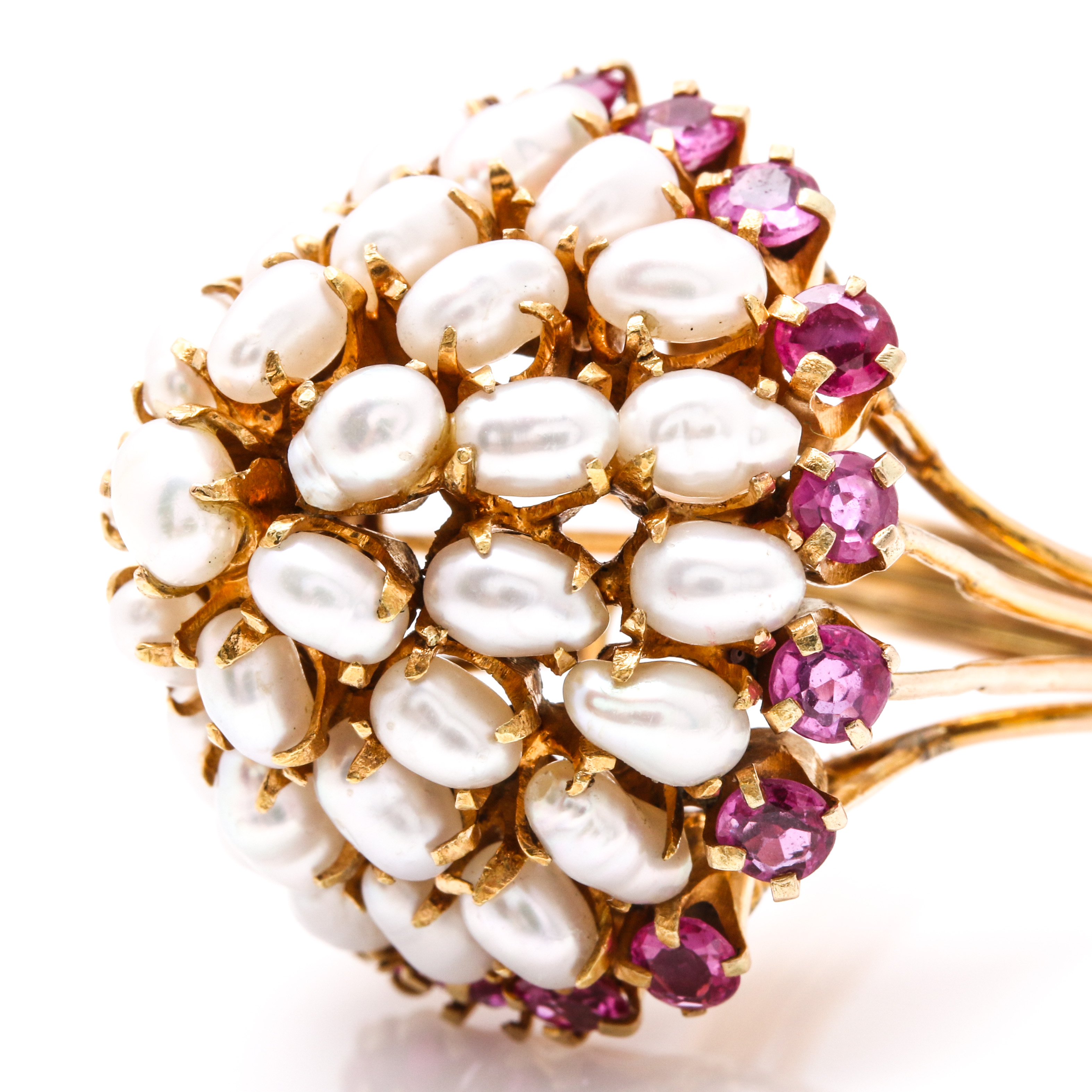 14K Yellow Gold Cultured Pearl and 1.40 CTW Ruby Dome Ring