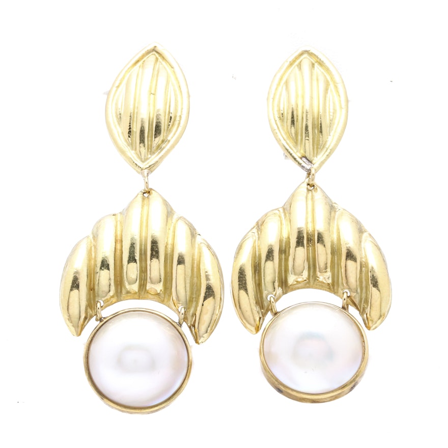 18K Yellow Gold Mabé Pearl Drop Earrings