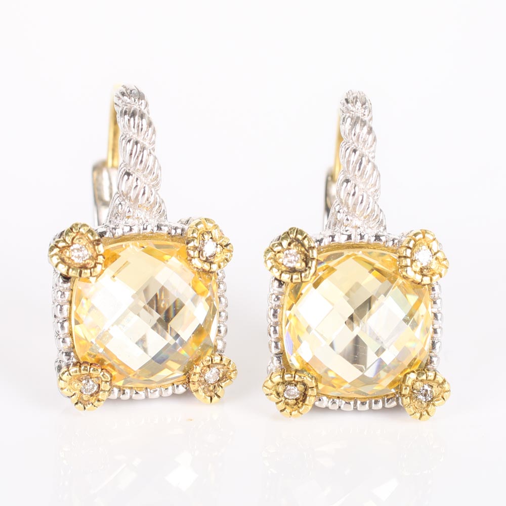 Judith Ripka Sterling Silver and 18K Yellow Gold Yellow Crystal and Diamond Earrings