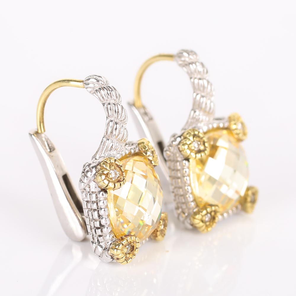 Judith Ripka Sterling Silver and 18K Yellow Gold Yellow Crystal and Diamond Earrings