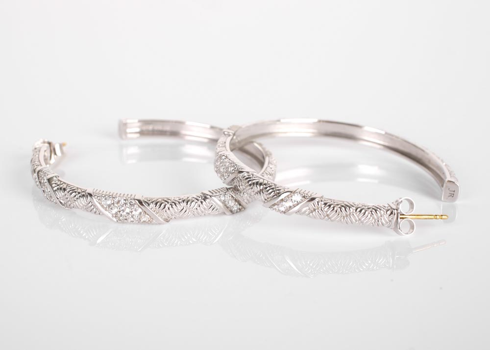 Judith Ripka Sterling Silver and 18K Yellow Gold White Sapphire Hoop Earrings