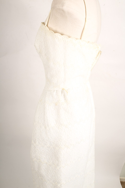 Vintage Cream Silk Cocktail Dress with Sheer Floral Embroidery