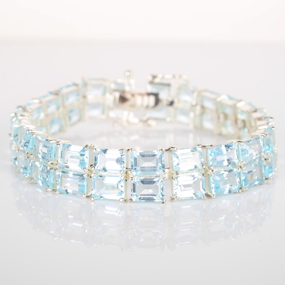 Double Row 59.80 ctw Blue Topaz Sterling Silver Bracelet