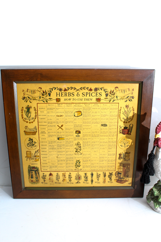 Ceramic Rooster and Vintage Spice Rack