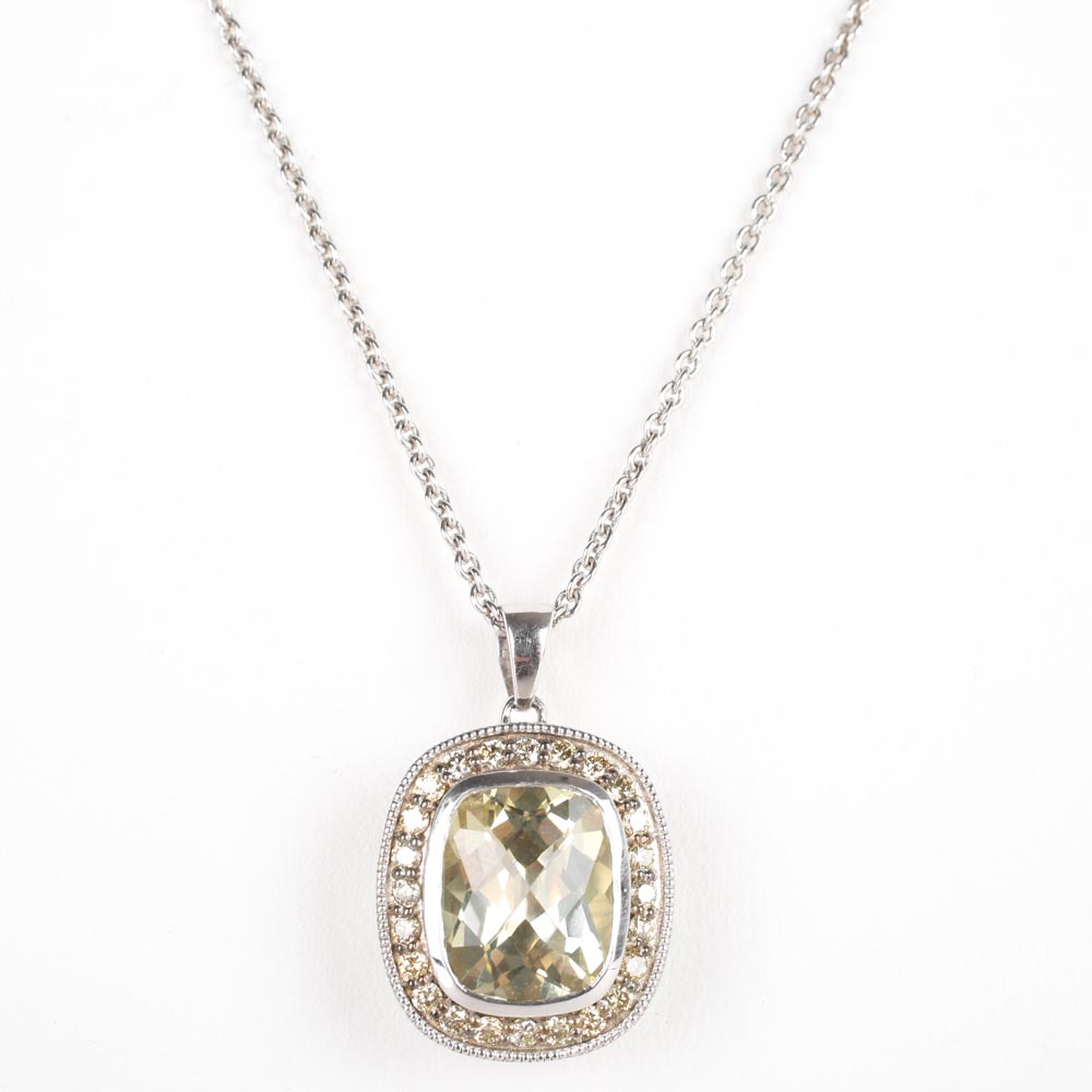 Sterling Silver 3.50 CT  Lemon Quartz and Diamond Halo Pendant Necklace