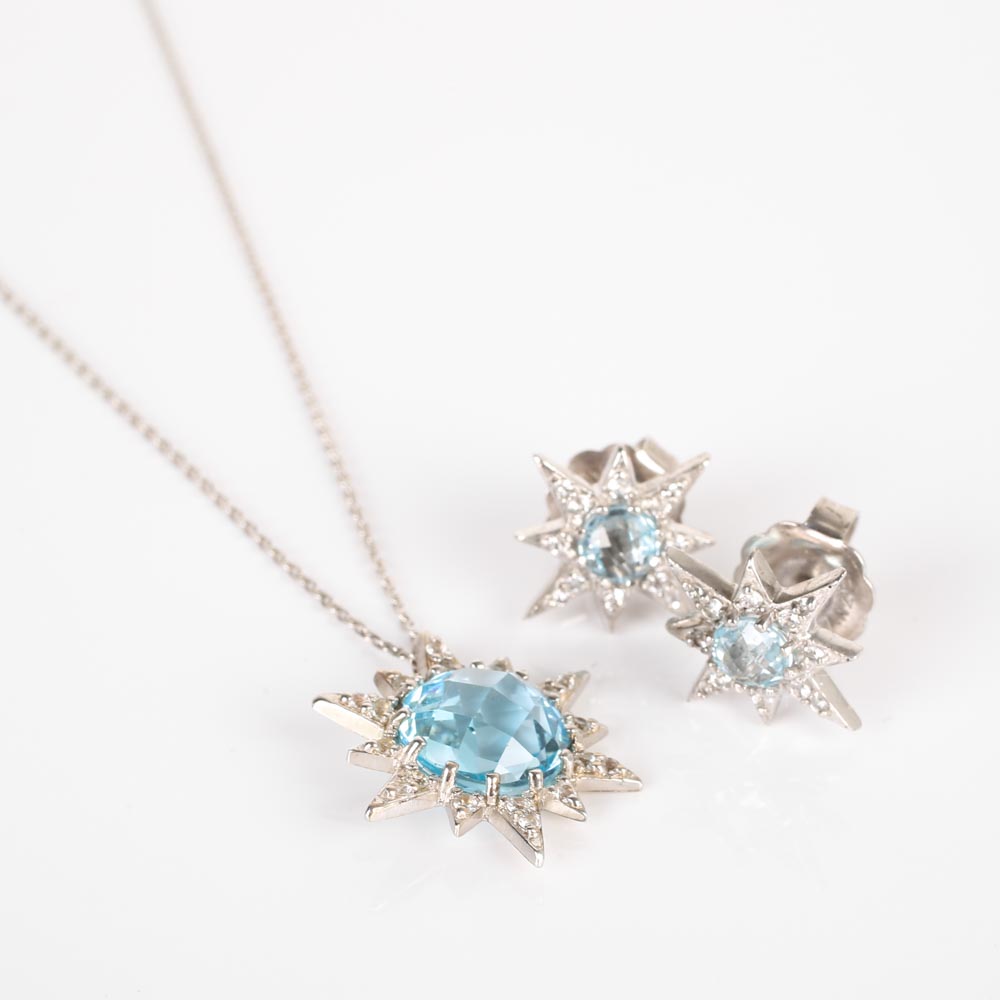 Anzie Sterling Silver Blue Topaz Pendant Necklace and Earrings