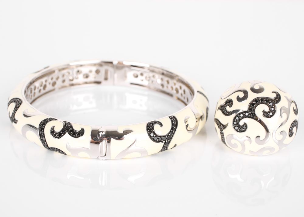 Belle Etoile Sterling Silver and Enamel Ring and Bangle Bracelet