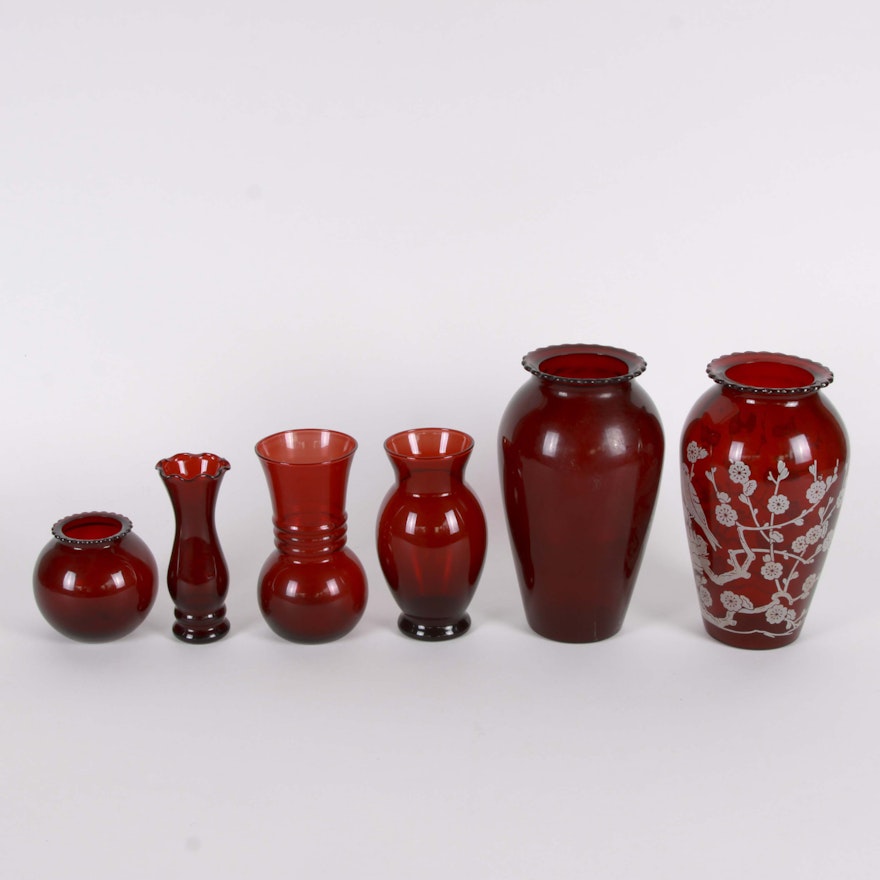 Assortment  of Vintage Ruby Glass Vases