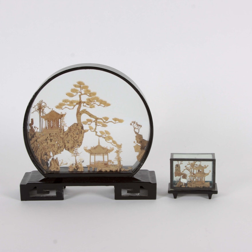 Vintage Asian Carved Cork Dioramas