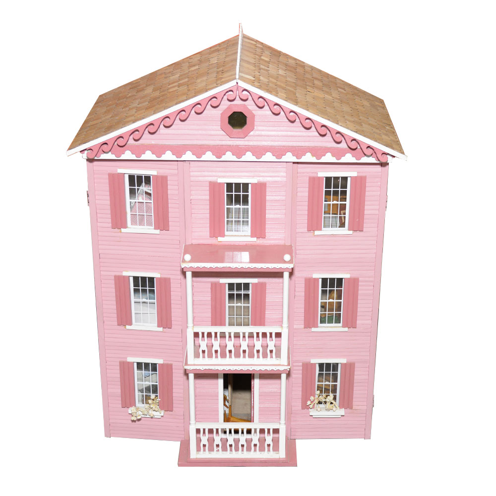 Handmade Three-Story Pink Wooden Dollhouse With Miniature Furniture