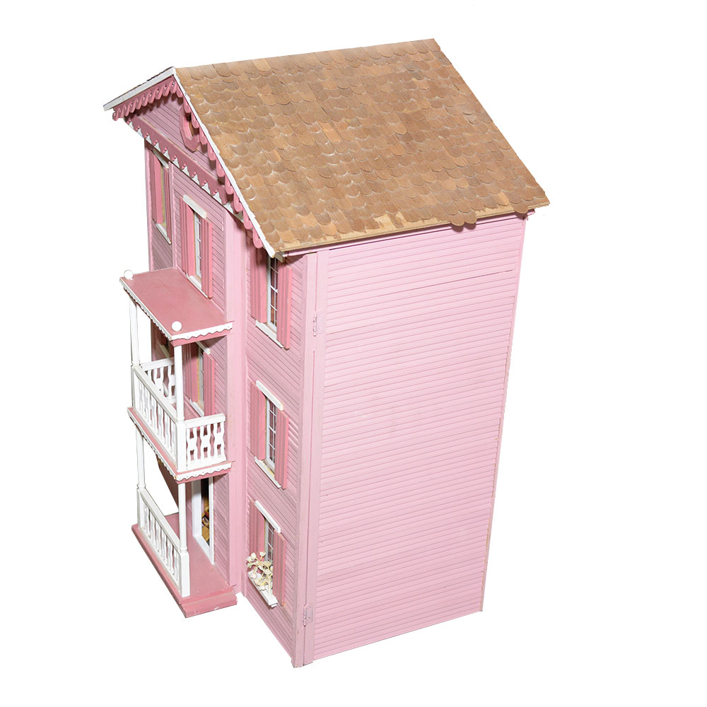 Handmade Three-Story Pink Wooden Dollhouse With Miniature Furniture