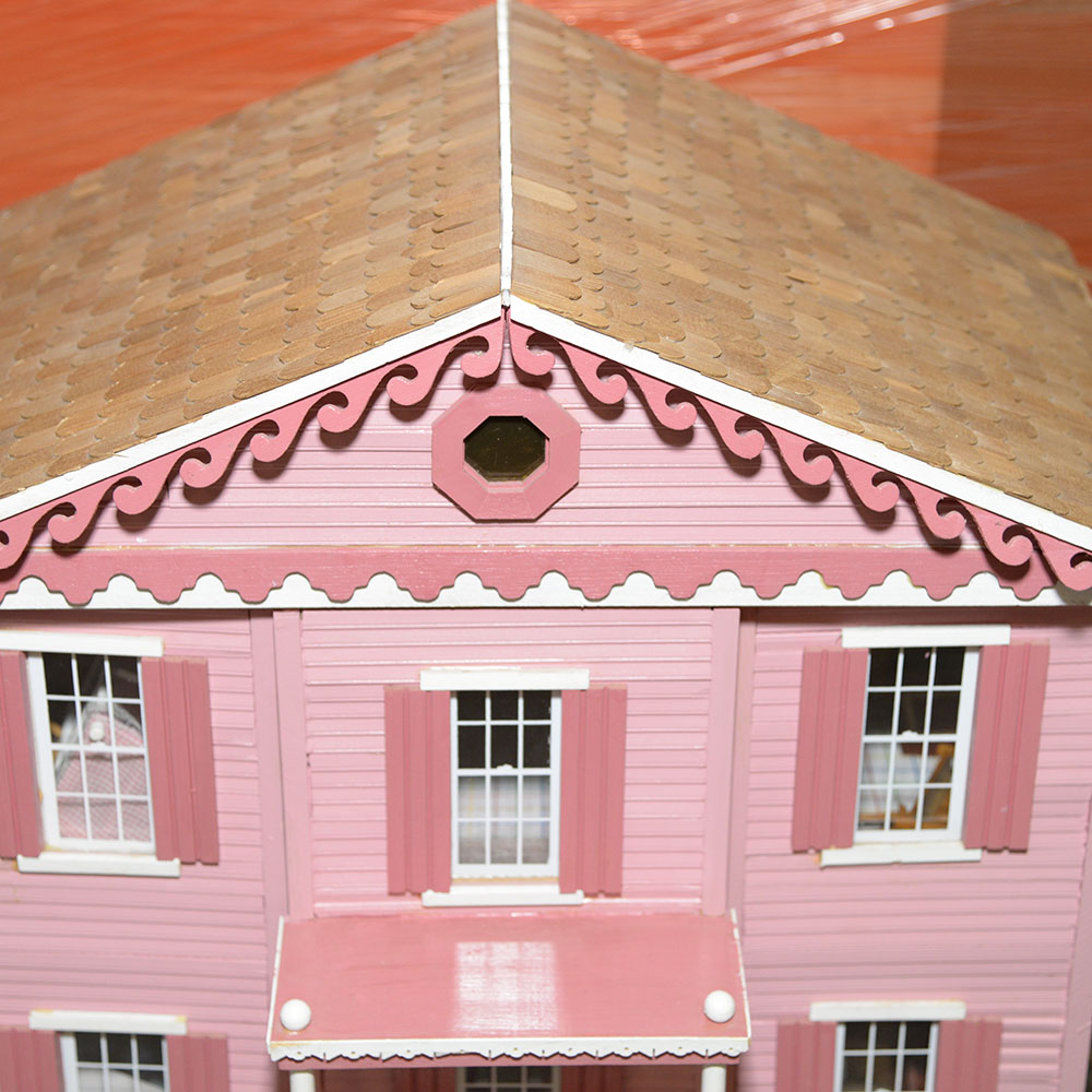 Handmade Three-Story Pink Wooden Dollhouse With Miniature Furniture