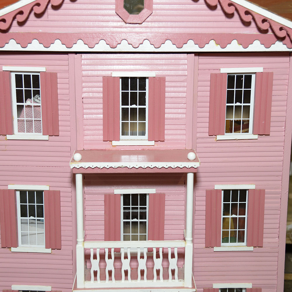 Handmade Three-Story Pink Wooden Dollhouse With Miniature Furniture