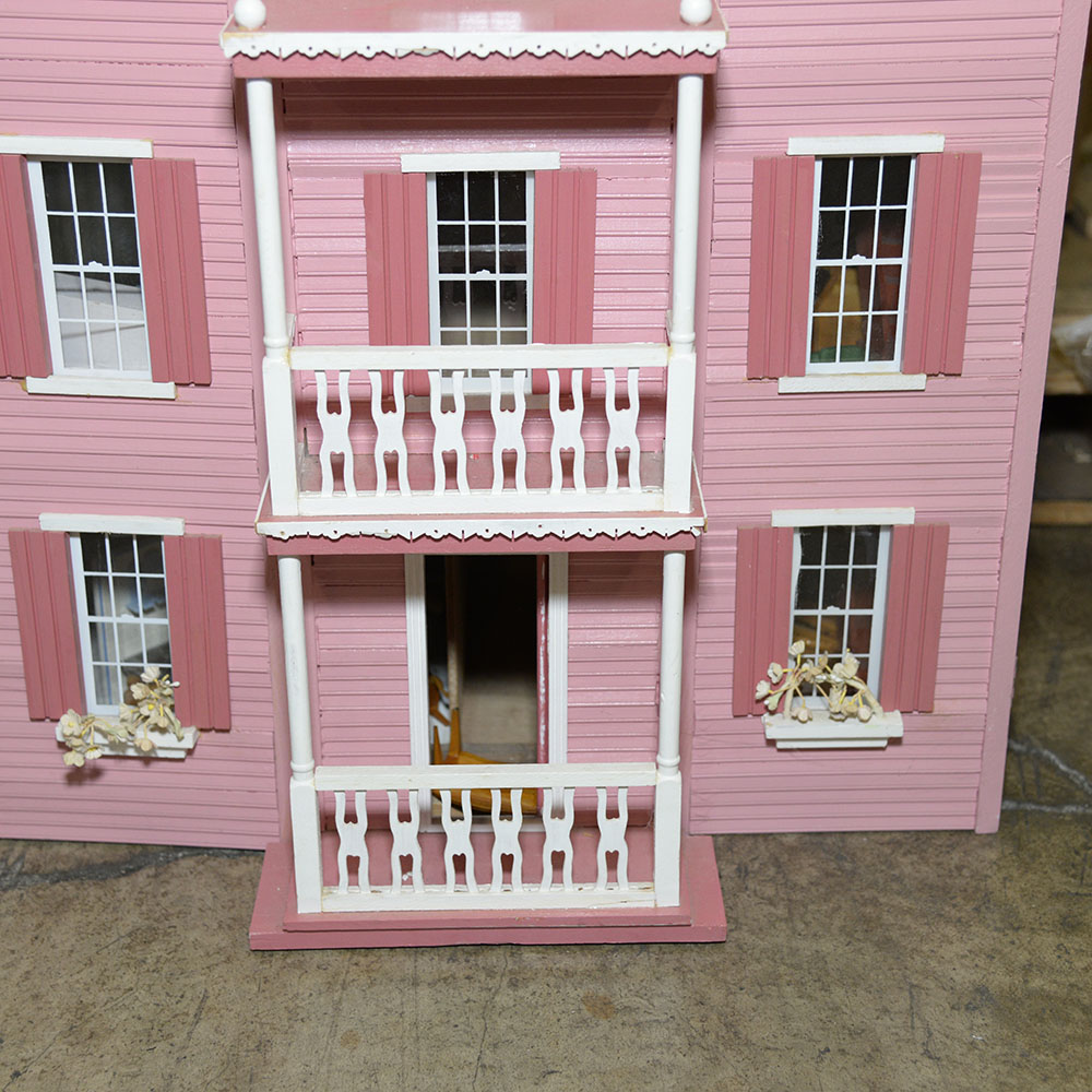 Handmade Three-Story Pink Wooden Dollhouse With Miniature Furniture