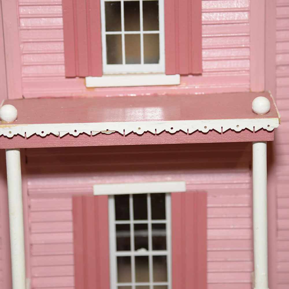 Handmade Three-Story Pink Wooden Dollhouse With Miniature Furniture